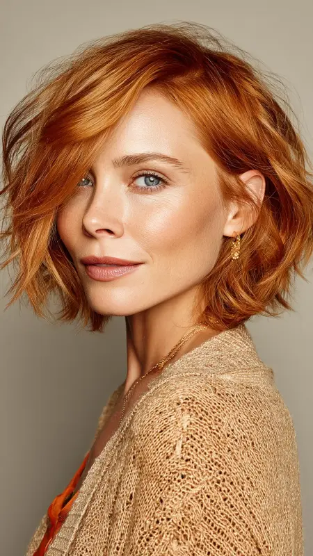 Soft Copper Bob with Feathered Ends - hair color ideas for women over 70
