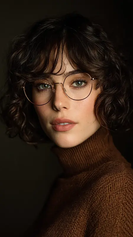 Soft Curly Crop with Baby Bangs - short curly hair with glasses