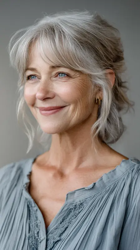 Soft Feathered Layers with Side-Swept Bangs - Medium length hair with layers over 60 older women