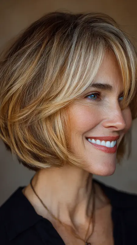Soft Layered Bob with Side Bangs - Medium length haircuts for women over 50