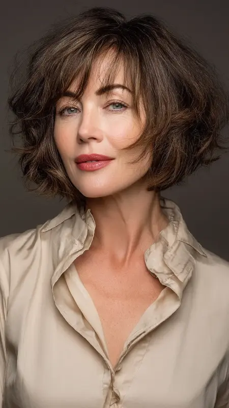 Soft Layered Bob with Side Bangs -  medium length hair for women over 50 
