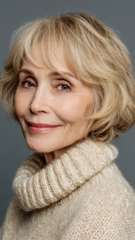Soft Layered Bob with Side-Swept Bangs -  Hairstyles for over 70 year old women 