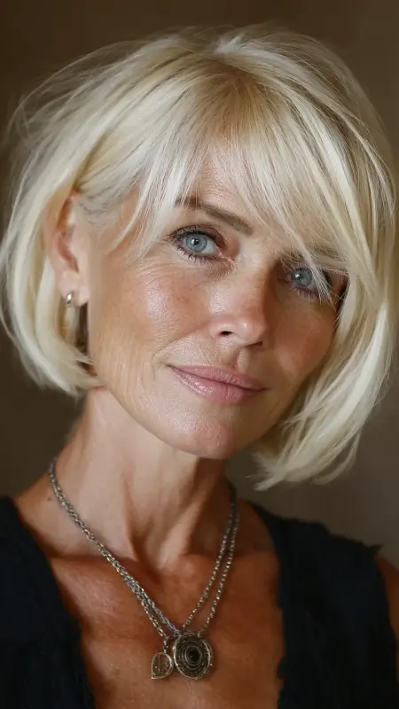 Soft Layered Bob with Side-Swept Bangs - Shoulder Length Haircuts For Women Over 60