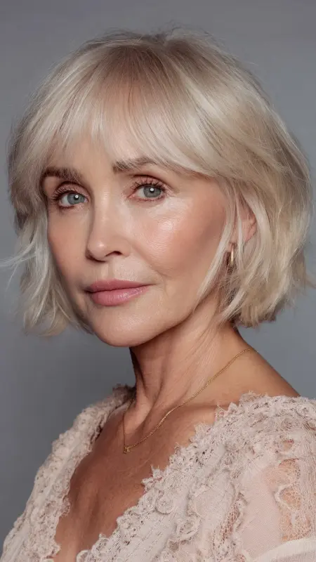 Soft Layered Bob with Wispy Bangs - Hairstyles for women over 70 with fine hair