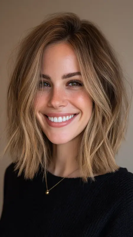 Soft Layered Lob with Face-Framing Highlights - Shoulder length haircut for round faces
