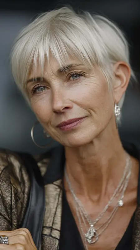 Soft Layered Pixie with Long Bangs - Hairstyles for women over 70 with fine hair