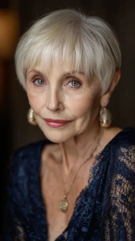 Soft Platinum Crop with Feathered Bangs - hair color ideas for women over 70