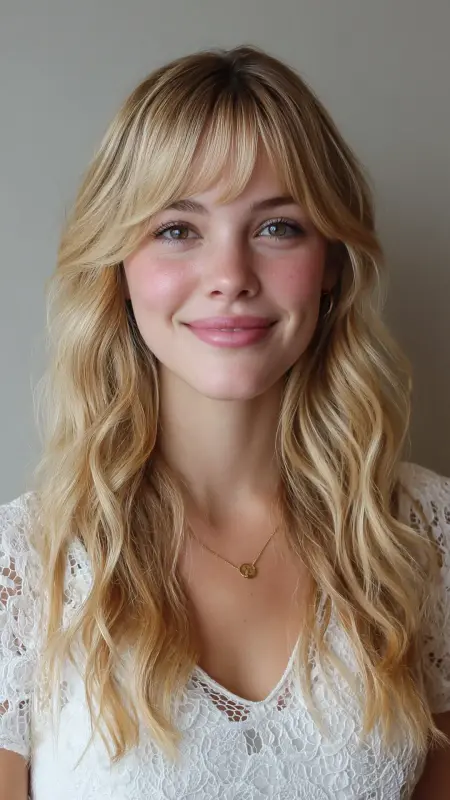 Soft Romantic Waves with Face-Framing Curtain Bangs - Face framing curtain bangs