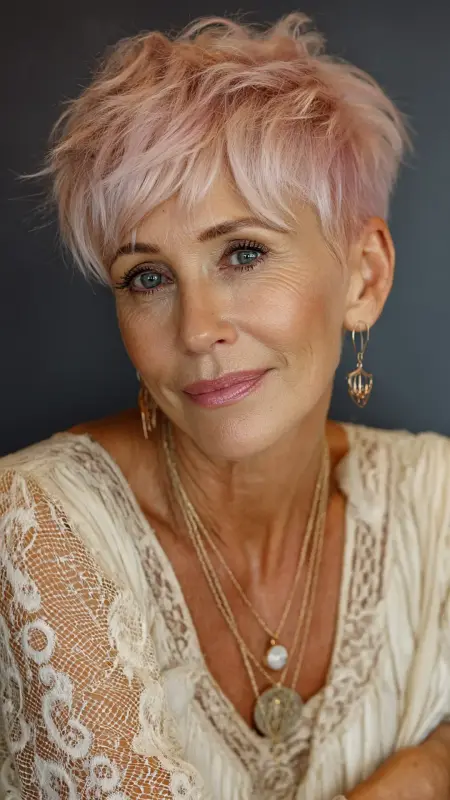 Soft Rose Gold Pixie - hair color ideas for women over 70