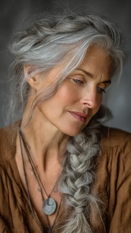 Soft Silver Braid - gray hair styles for women over 50