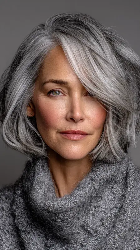 Soft Silver Layered Bob - gray hair styles for women over 50