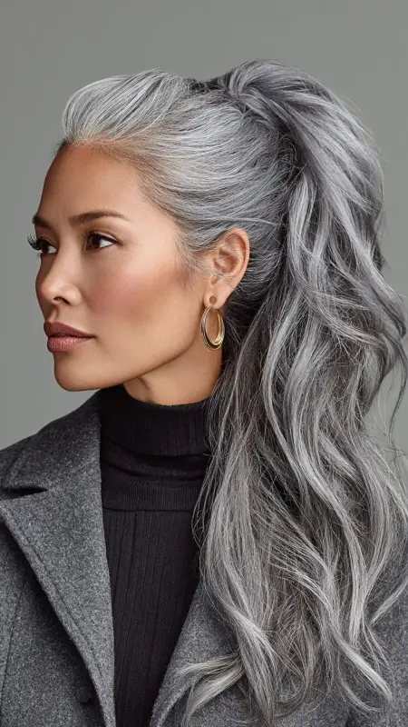 Soft Silver Ponytail with Volume - gray hair styles for women over 50