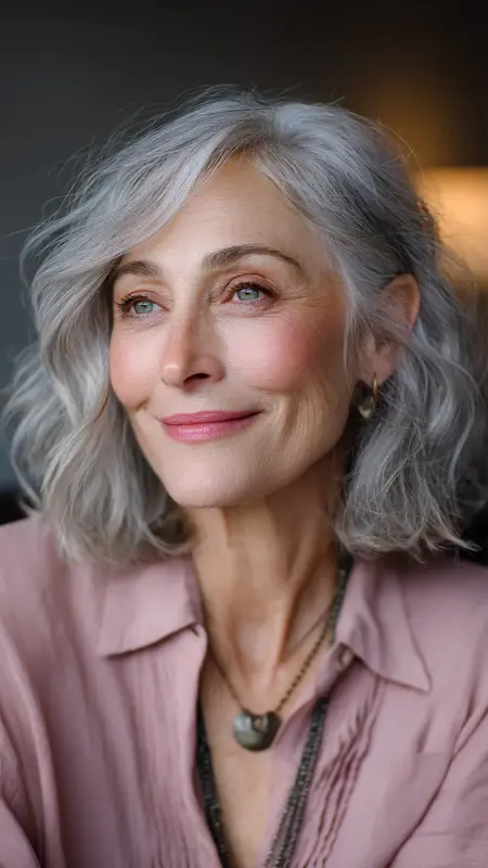 Soft Silver Waves with Face-Framing Layers - hair color ideas for women over 70