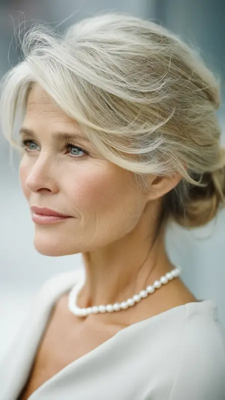 Soft Updo with Side Bangs -  hairstyles for women over 70 with bangs 