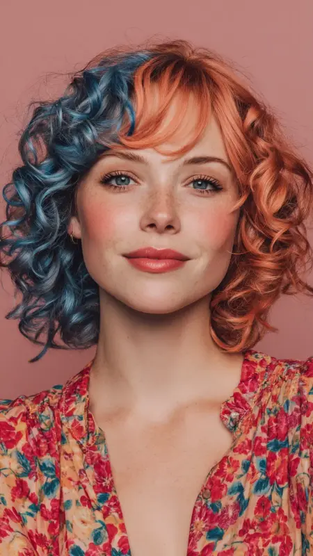 Spiral Curls Bob - Indigo  Strawberry Blonde -  Two hair colors split 