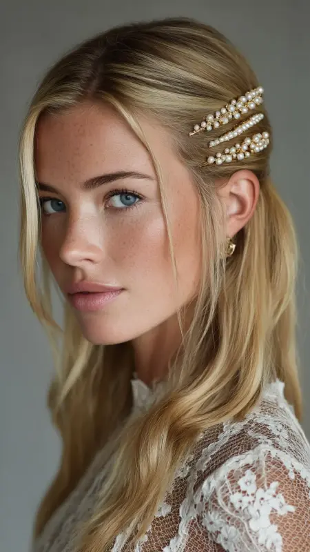 Straight Hair with Pearl Barrettes - Straight Hairstyles