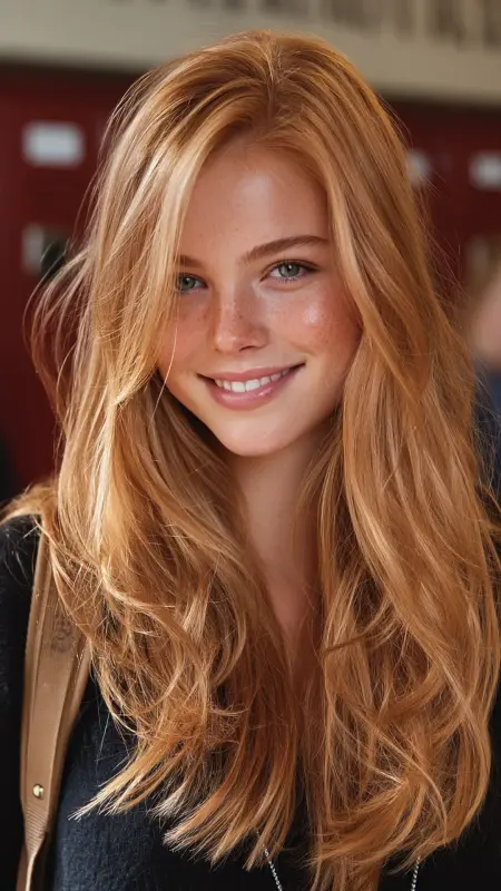 Strawberry Blonde Gloss on Long Layers - Hair color ideas for students