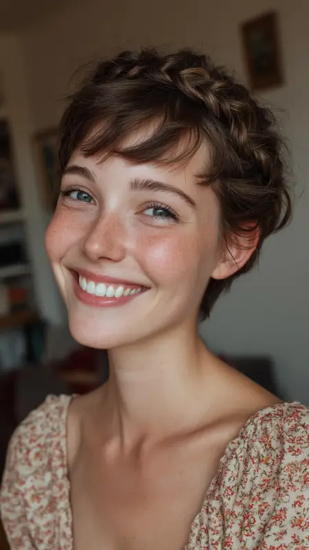 Radiant Regal: The Breezy Braided Halo for Short Brown Hair - Summer hairstyles for short hair