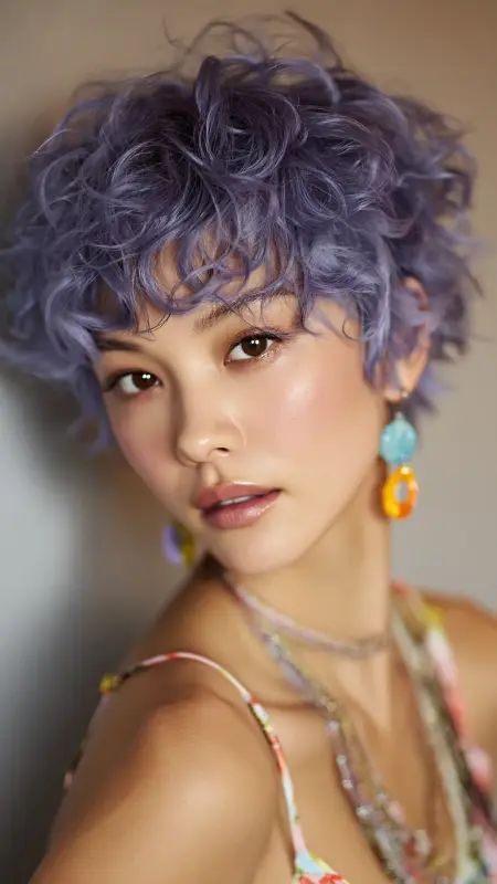 Textured Curly Pixie with Baby Bangs - Short curly pixie haircuts