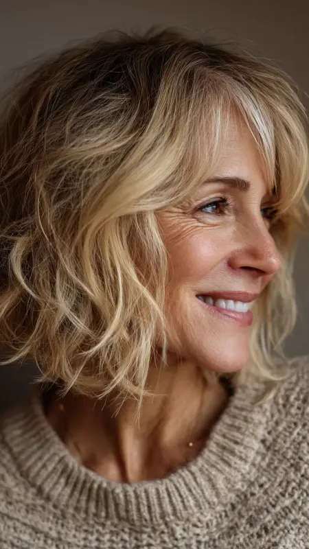 Textured Lob with Curtain Bangs - Medium length haircuts for women over 50