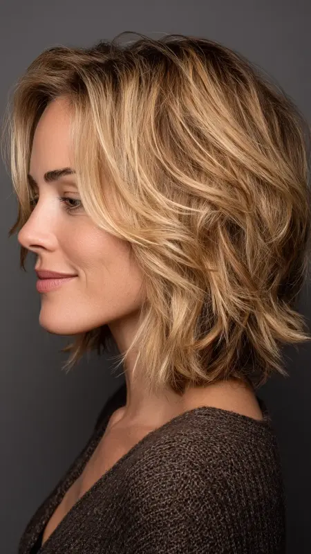 Textured Lob with Shadow Roots - Medium length haircut for round faces