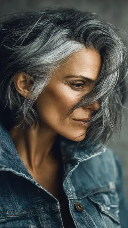 Textured Lob with Side-Swept Fringe -  medium length hair for women over 50 