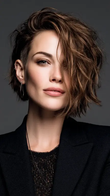 Textured Lob with Side-Swept Undercut Detail - Medium asymmetrical hairstyles