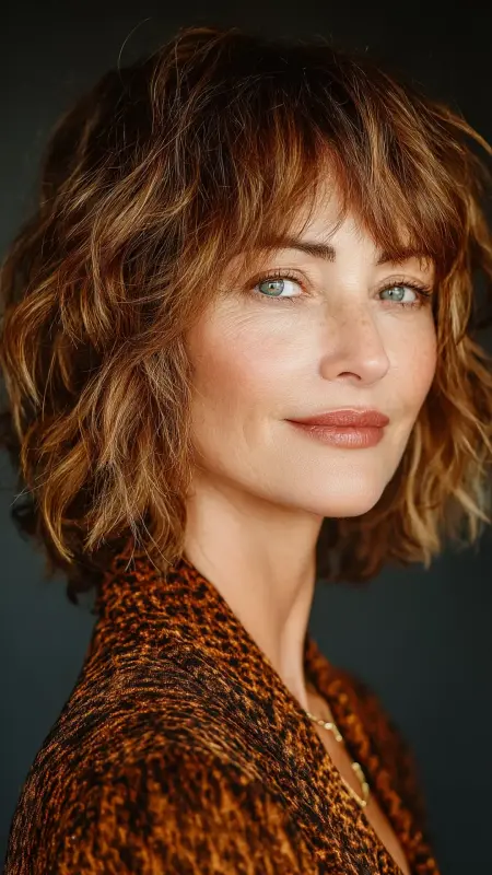 Textured Shag with Curtain Bangs - Shoulder Length Haircuts For Women Over 60