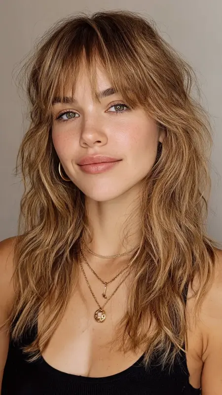 Textured Shag with Curtain Bangs - Shoulder length haircut for round faces