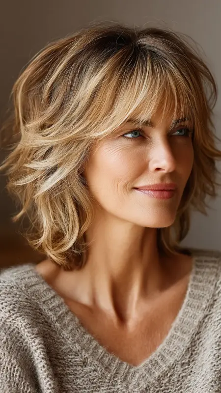 Textured Shoulder Cut with Wispy Bangs - Medium length haircuts for women over 50