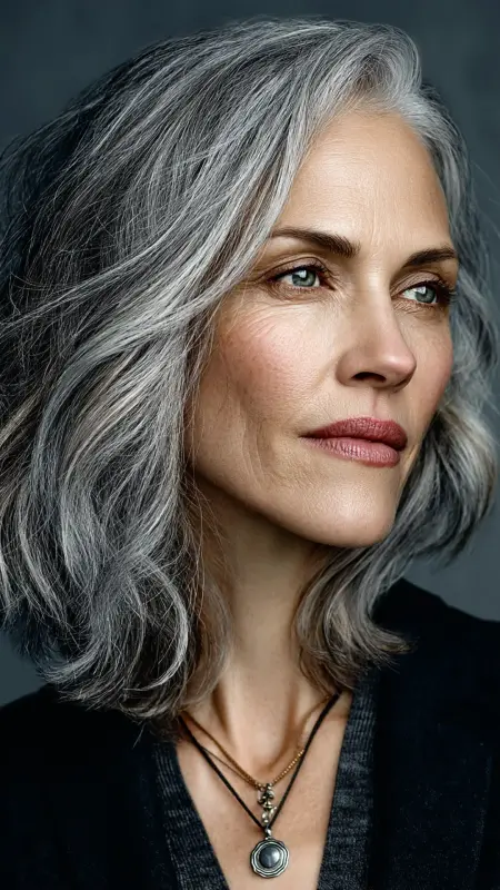 Textured Silver Lob - gray hair styles for women over 50