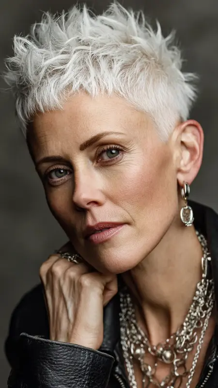 Textured Undercut Pixie -  Short white hair for older women 