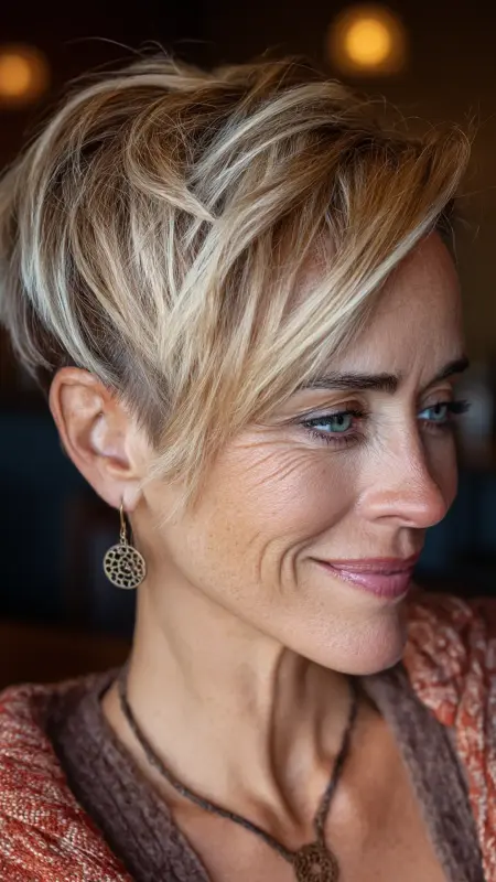 Textured Undercut Pixie with Soft Layers - Undercut pixie haircut for older women