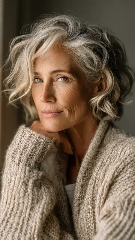 Textured Wavy Lob with Grey Blending Highlights - Shoulder Length Hairstyles For Women Over 60