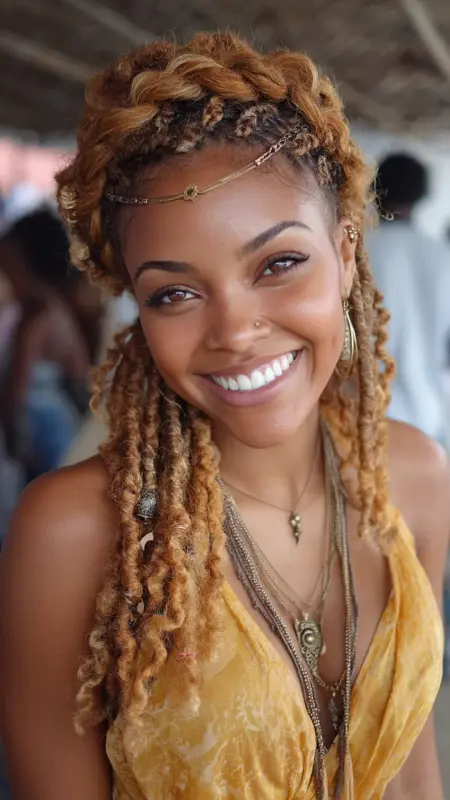 Toffee Blonde Braided Crown on Natural Curls -  Hair color for college students 
