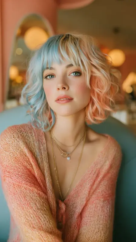 Tousled Bob with Curtain Bangs - Coral -  Two hair colors split 