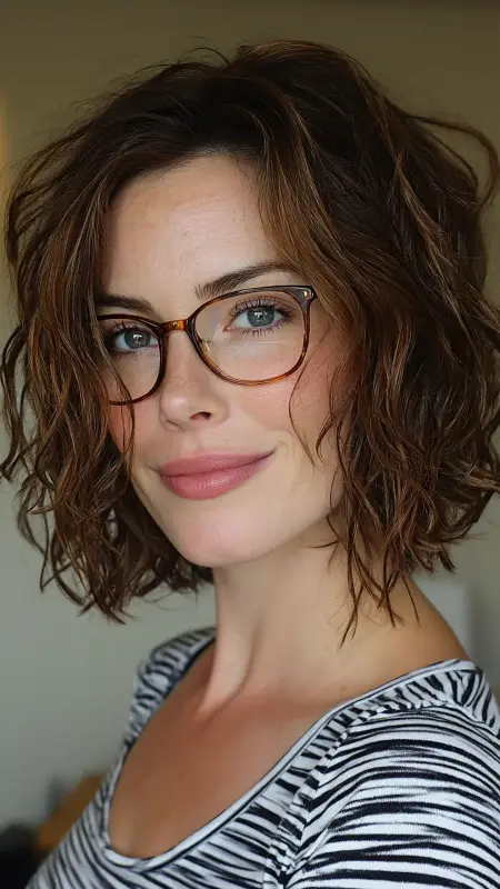 Tousled Curly Bob with Highlights - short curly hair with glasses