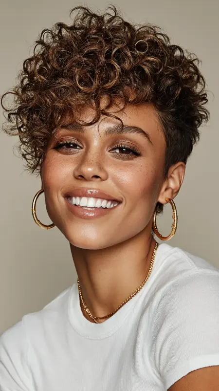 Tousled Curly Pixie with Tapered Nape - Short curly pixie haircuts