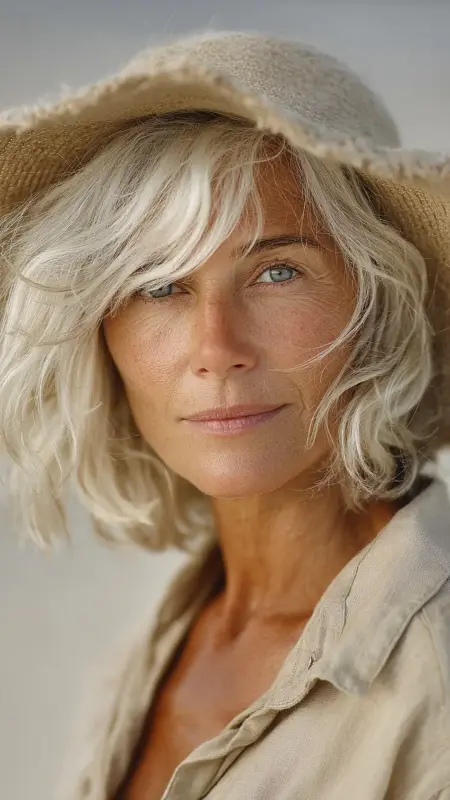 Tousled Lob Long Bob -  Short white hair for older women 