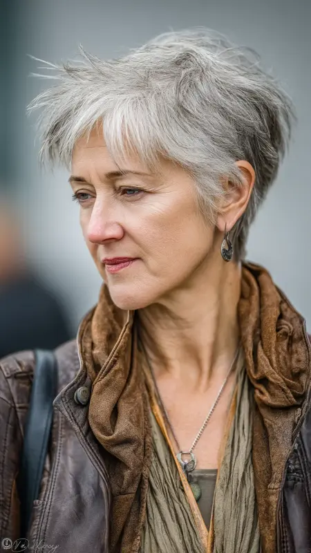 Tousled Shaggy Pixie with Bangs -  hairstyles for women over 70 with bangs 