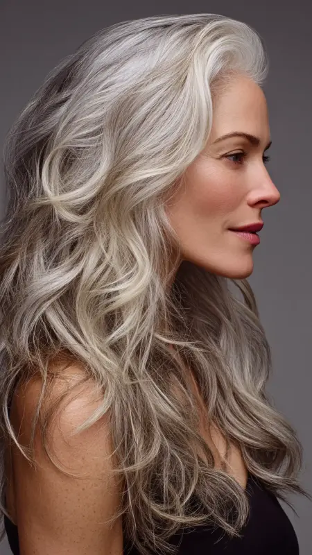 Tousled Silver Waves - gray hair styles for women over 50