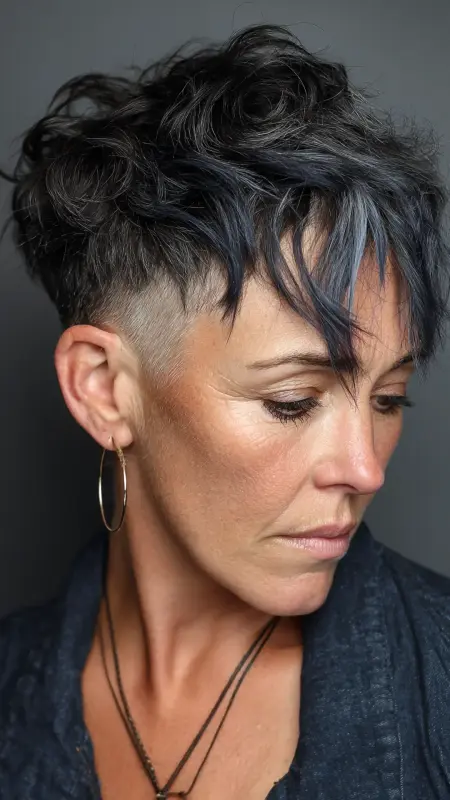 Undercut Pixie with Choppy Bangs - Undercut pixie haircut for older women