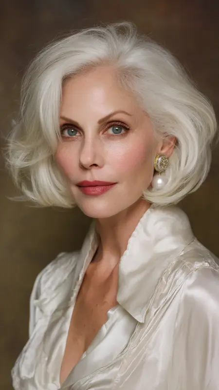 Voluminous Blowout Bob -  Short white hair for older women 