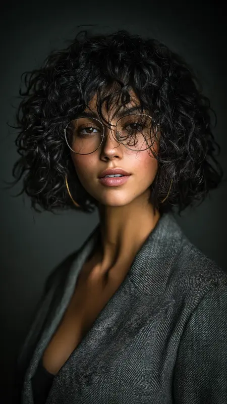Voluminous Curly Bob with Middle Part - short curly hair with glasses