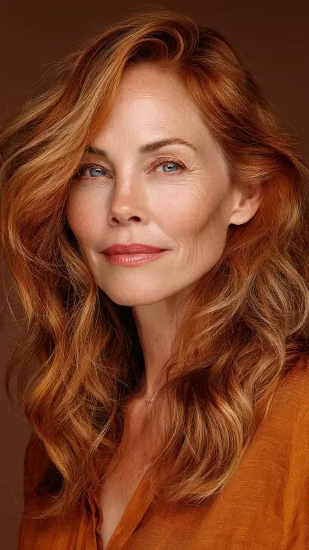 Warm Auburn Waves with Face-Framing Highlights - hair color ideas for women over 70