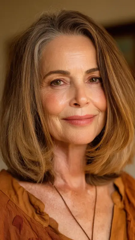 Warm Chestnut Lob with Subtle Layers - hair color ideas for women over 70