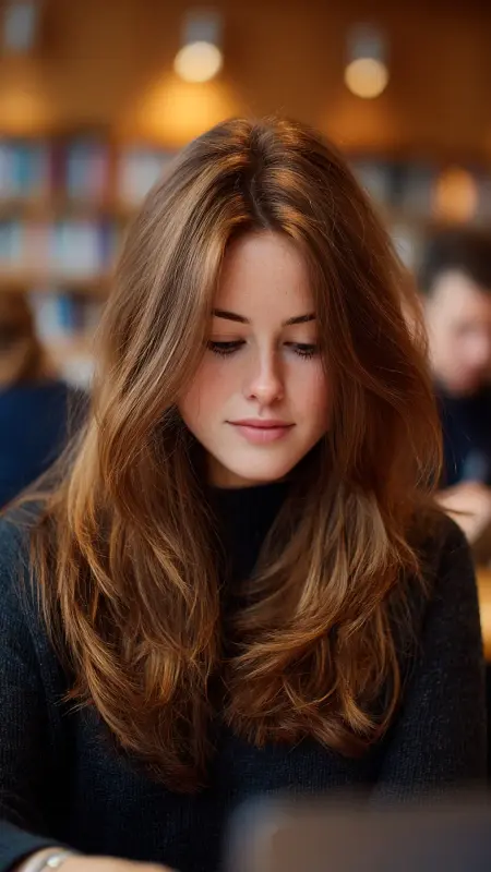 Warm Chestnut Melt with Soft Layers -  Hair color for college students 