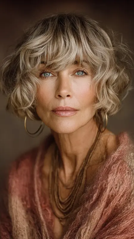 Wavy Bob with Curtain Bangs - Short hairstyles for women over 60 with wavy hair