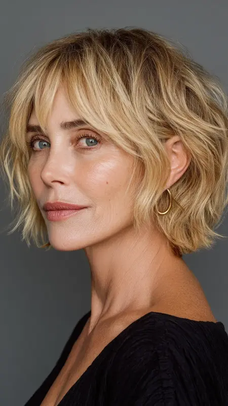 Wavy Bob with Side Bangs - bob haircuts for women over 60 with fine hair