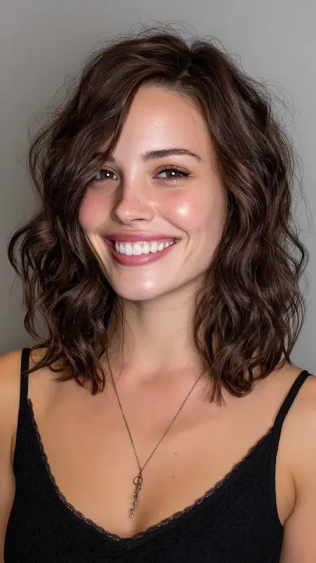 Wavy Lob with Deep Waves - Medium length haircut for round faces